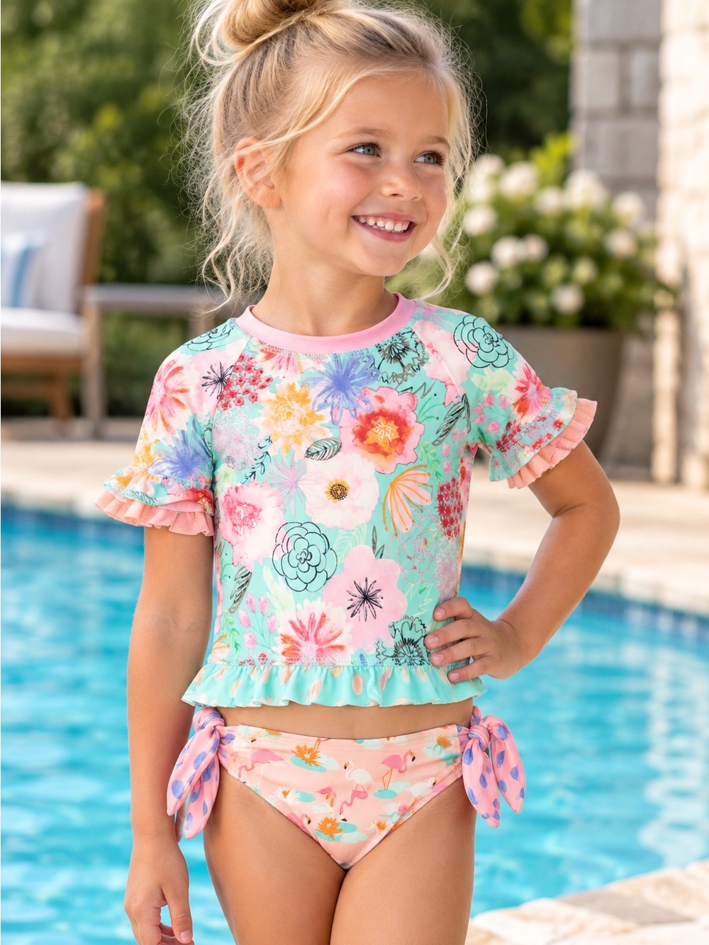 Matilda Jane Girls 2-Piece Floral Rash Guard Swimsuit Flamingo Size 4